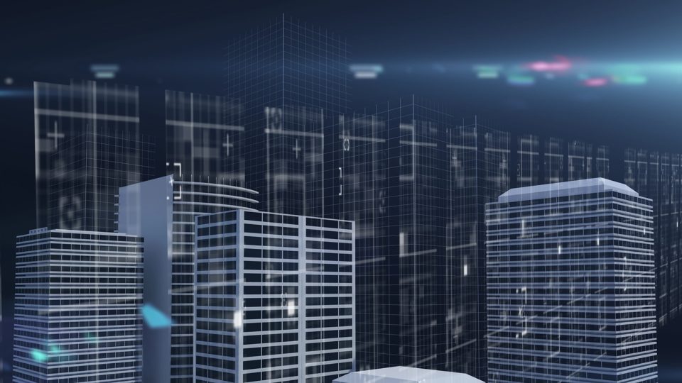 digital image of glowing spot of light over 3d building models a